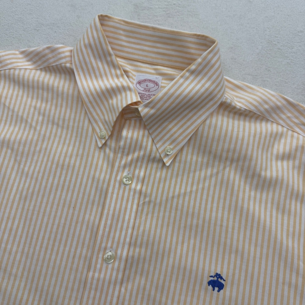 Brooks Brothers Button Down Shirt Mens L Yellow Striped Non-Iron Supima 346